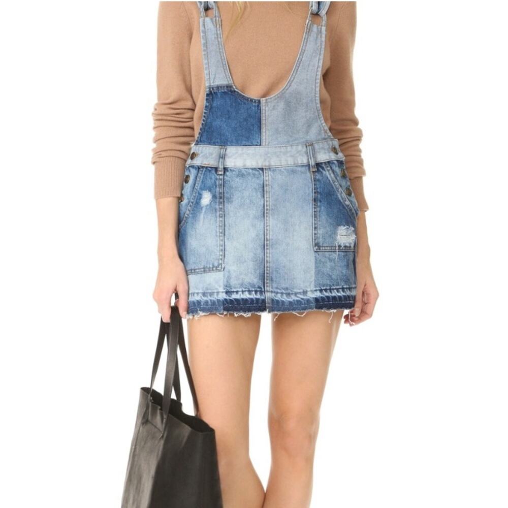 Free People | Patchwork Denim Jumper Overall Mini Dress Distressed Pockets SZ 4 - Picture 2 of 10